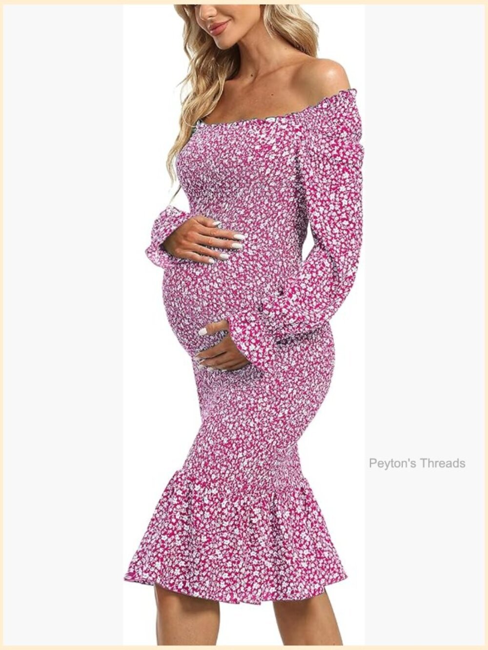 Long Sleeve Puff Maternity Dress Square Neck Mermaid Ruffle Hem Bodycon